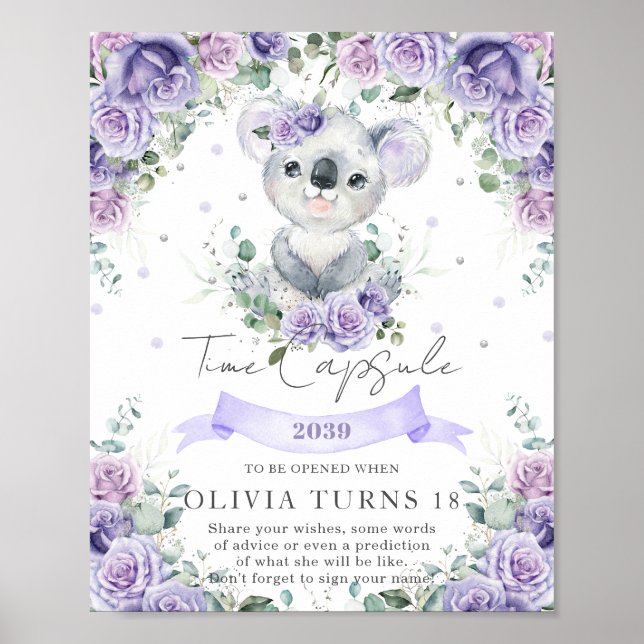 Póster Púrpura Floral Koala Primer cumpleaños Rótulo de l (Frente)