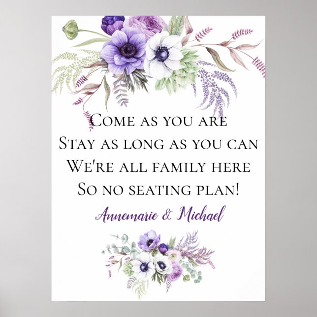 Póster Púrpura Floral sin plan de asientos Rótulo Boda (Frente)