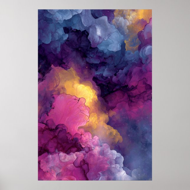 Póster Púrpura Magenta Oro Tinta Alcohol Nebulosa Flujo (Frente)