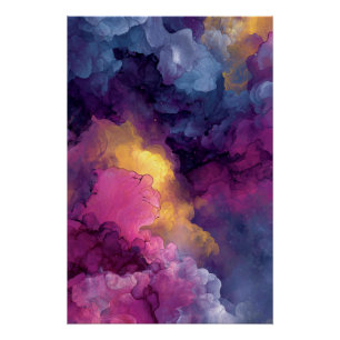 Póster Púrpura Magenta Oro Tinta Alcohol Nebulosa Flujo