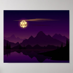 Póster Púrpura Noche D20 Dice Pestaña Luna Llena RPG