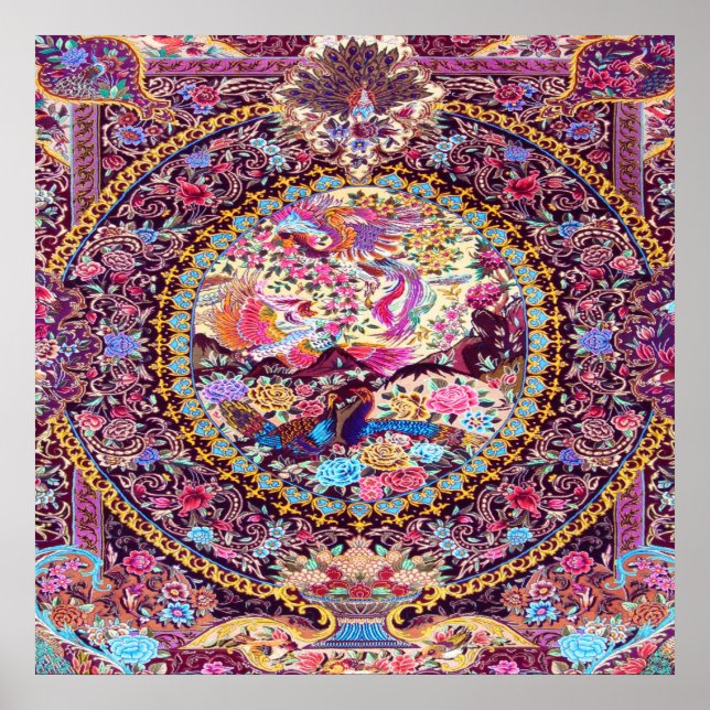 Póster Púrpura Oro Azul Azul Flores Florales Persas Peaco (Frente)