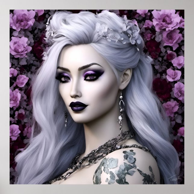 Póster Púrpura Rosa Gótica Fantasía Pinup (Frente)