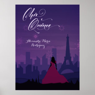 Póster Púrpura Rosa París Fuegos artificiales Quinceañera
