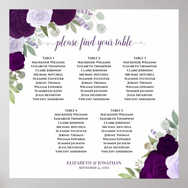 Póster Púrpura Rosas 5 Tabla Elegante Tabla de Asientos d (Frente)