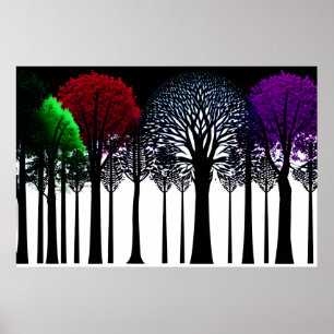 Póster Púrpura verde rojo salpicado en selva negra y blan