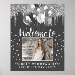 Póster Purpurina con gota de plata con globos Cumpleaños