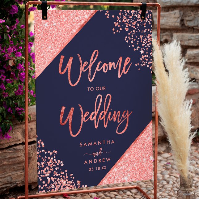 Póster Purpurina de coral moderno boda de bienvenida azul (Modern coral glitter navy blue welcome wedding poster)