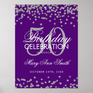 Póster Purpurina de cumpleaños 50 Confetti Purple