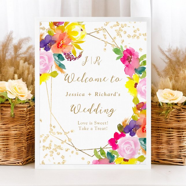 Póster Purpurina de oro boho audaz floral boda bienvenida (Gold glitter boho bold floral wedding welcome poster)