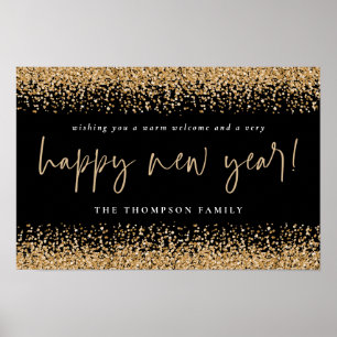 Póster Purpurina de oro Feliz Año Nuevo Nombre Negro Impr