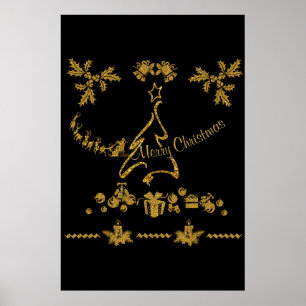 Póster Purpurina de oro Feliz Navidad, Santa Claus