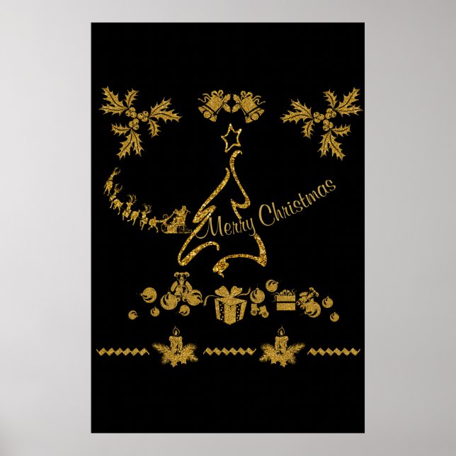 Póster Purpurina de oro Feliz Navidad, Santa Claus (Frente)