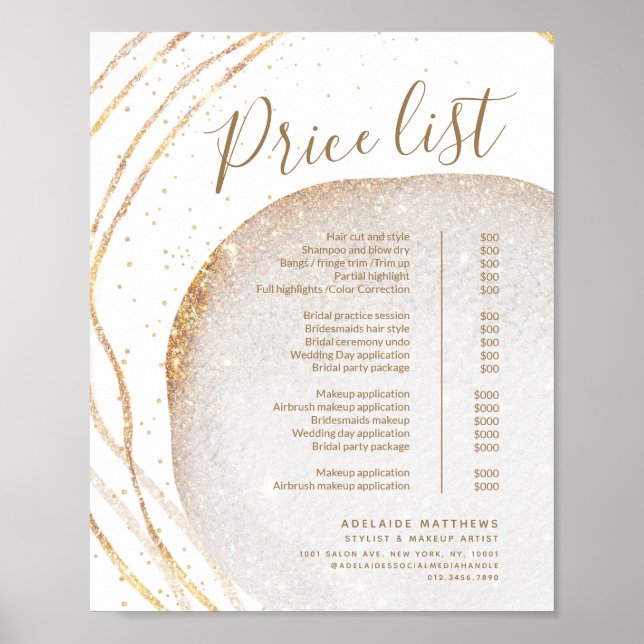 Póster Purpurina de oro Hair Stylist Salon Price List Men (Frente)