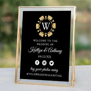 Póster Purpurina de oro Monograma Poker Chip Casino Boda