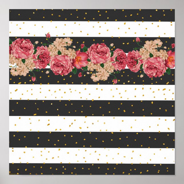 Póster Purpurina de oro negro rayado confetti floral (Frente)