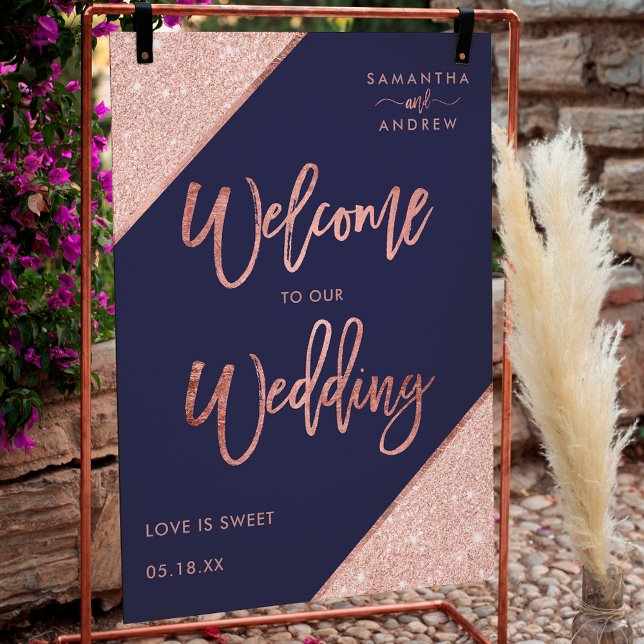 Póster Purpurina de oro rosa moderno boda de bienvenida a (Modern rose gold glitter navy blue welcome wedding poster)