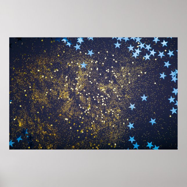 Póster Purpurina de oro y estrellas azules brillantes en  (Frente)
