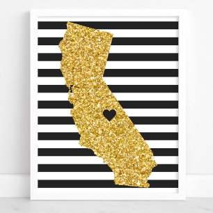 Póster Purpurina dorada California Rayas negras y blancas