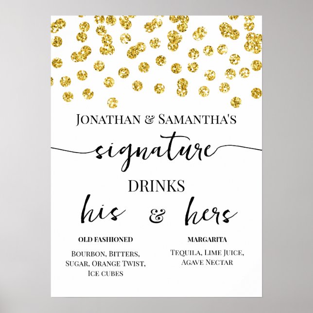 Póster Purpurina dorado puntos Boda de bebidas con firma (Frente)