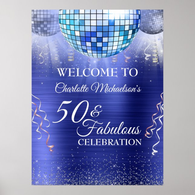 Póster Purpurina Glam 50 y Fabulous Blue Disco Ball (Frente)
