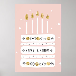 Póster Purpurina Gold Pastel Ilustracion Torta de Cumplea