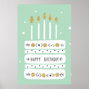 Póster Purpurina Gold Pastel Ilustracion Torta de Cumplea