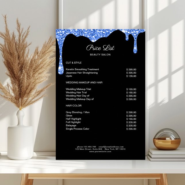 Póster Purpurina negro azul moderno Poster PreisListen (Modern Blue Black Glitter Pricelist Poster)