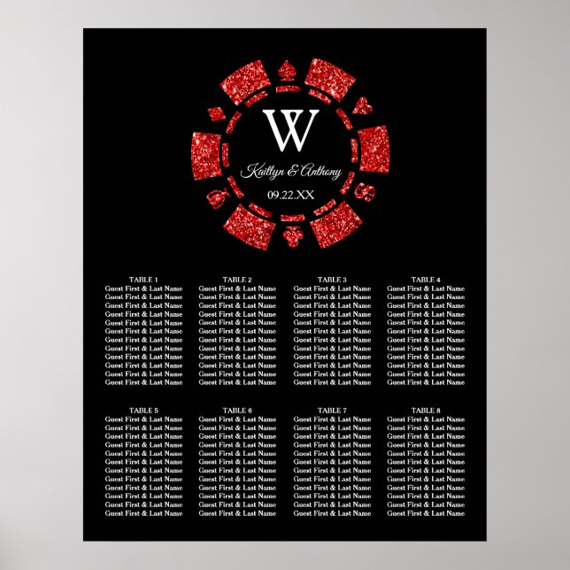 Póster Purpurina rojo Poker Chip Casino Boda (Frente)