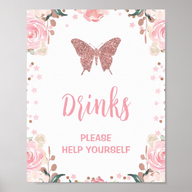 Póster Purpurina Rosa Mariposa Bebida Rótulo de fiesta de (Frente)