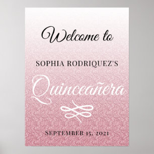Póster Purpurina Rosa Quinceañera 15º cumpleaños Bienveni