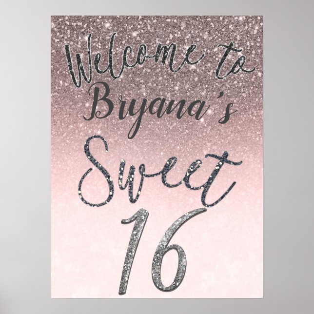 Póster Purpurina Silver y Rubor Bienvenida Dulce 16 Rótul (Frente)