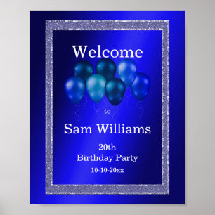 Póster Purpurinas azules y globos de cumpleaños