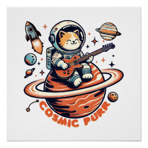 Póster Purr cósmico - Gato guitarista astro