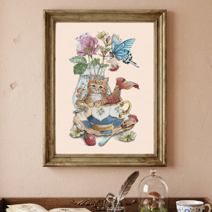 Póster Purrmaid Teacup Floral Acuarela Caprichosa