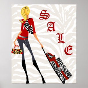 Póster Purse Suitcase SALE Poster Zebra Leopard Red Tan