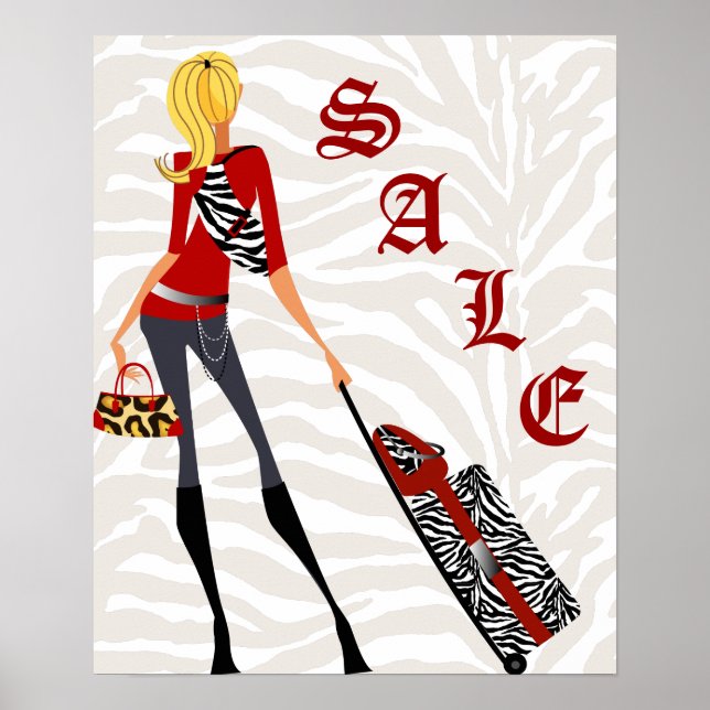 Póster Purse Suitcase SALE Poster Zebra Leopard Red Tan (Frente)
