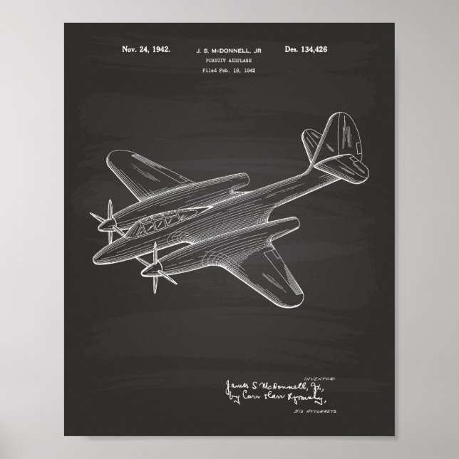 Póster Pursuit Airplane 1942 Patent Art Chalkboard (Frente)