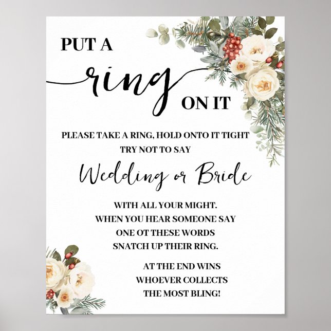 Póster Put a Ring On Winter White Bridal Shower Game Sign (Frente)