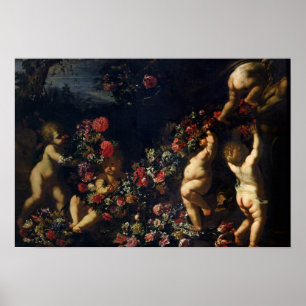 Póster Putti jugando con guirnaldas de flores