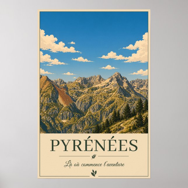 Póster Pyrénées France – Ridges Illustrated Landscape (Frente)