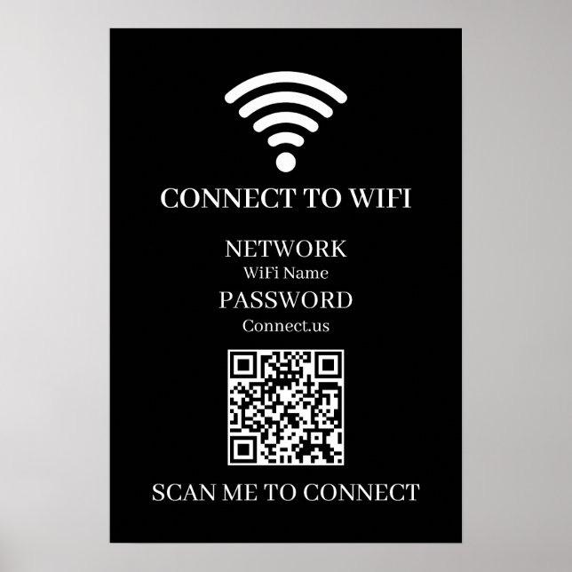 Póster QR WiFi negro personalizado | Mostrar contraseña d (Frente)