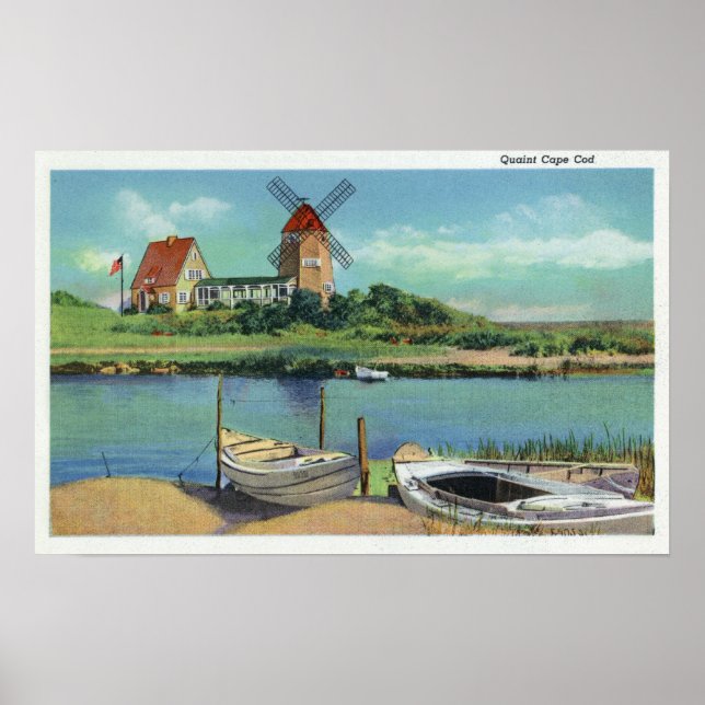 Póster Quaint Cape Cod, vista al molino de viento y barco (Frente)
