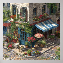 Póster Quaint European Cobblestone Cafe Street Scene
