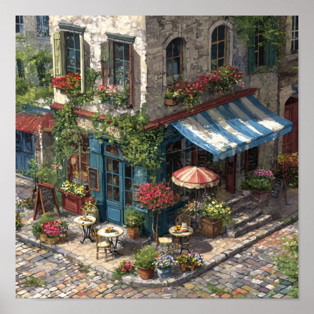 Póster Quaint European Cobblestone Cafe Street Scene (Frente)