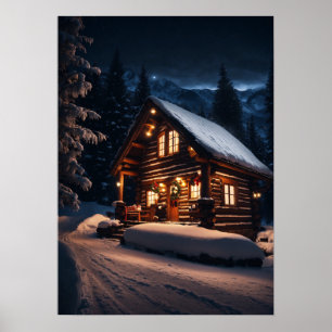 Póster Quaint Mountain Log Cabin - Un acogedor Navidad Es