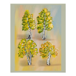Póster Quatre bouleaux en couleurs, botanique.