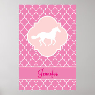 Póster Quatrefoil rosa de la silueta blanca de caballo co