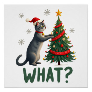 Póster Qué Gato Divertido Empujando Árbol De Navidad Sobr