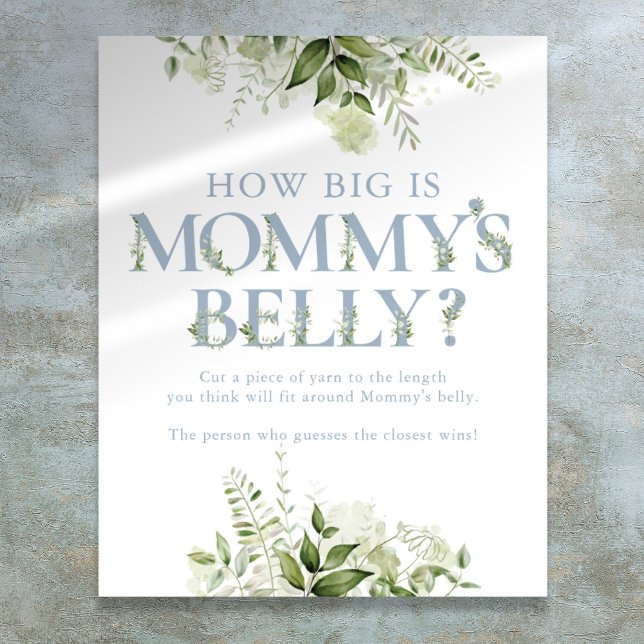 Póster Qué grande es el Baby Shower azul Belly de mamá (How Big Is Mommy's Belly Blue Baby Shower Poster)